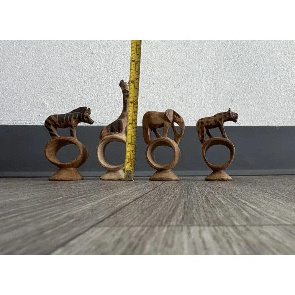 Vintage set of 4 Hand Carved Wooden African Safari Animal Napkin Ring Holders